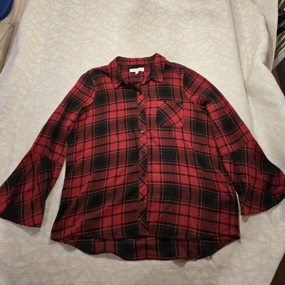 Two‎ Vince Camuto Shirt L Heather Red Gray Soft Plaid Flannel Long Bell Sl Tunic - Picture 3 of 9